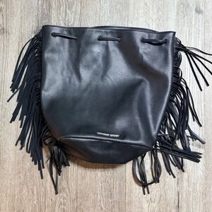 Victoria's Secret Boho Western Fringe Black Faux Leather Drawstring Bucket Bag